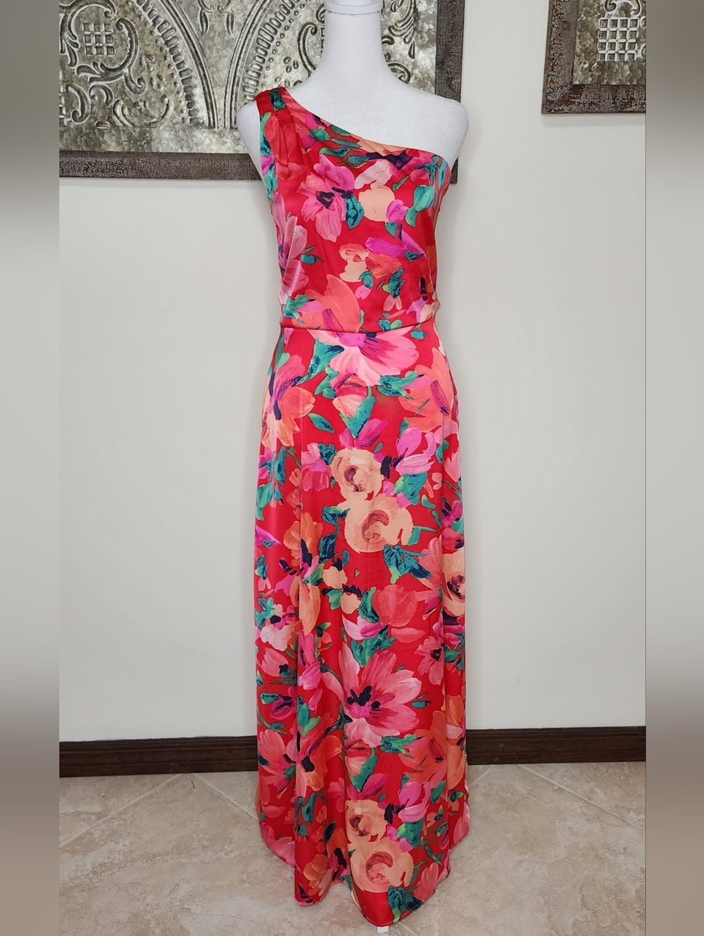 Tahari ASL One-Shoulder Vibrant Pink Floral Satin Maxi Dress Sz8 Spring Wedding